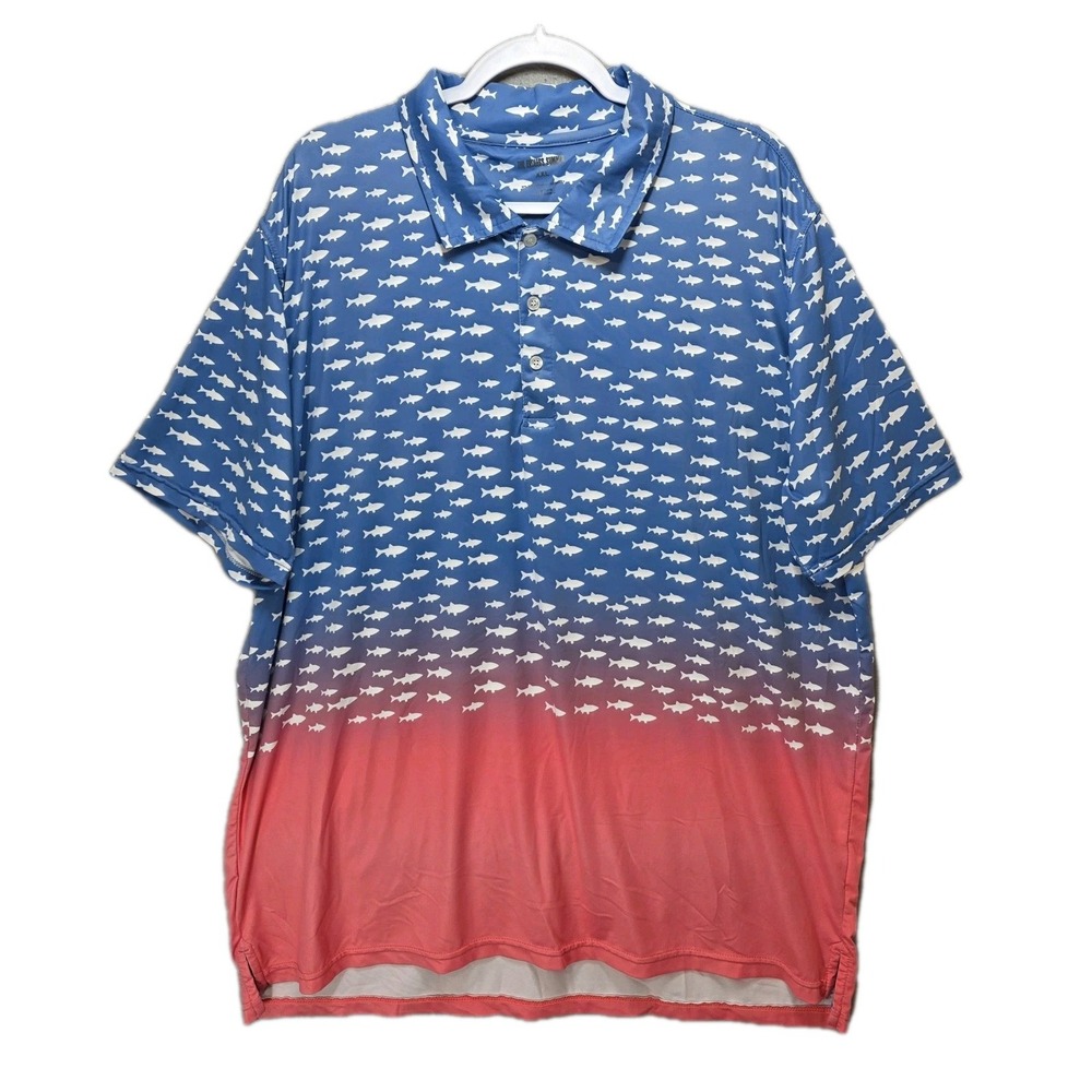 Endless Summer Fish Polo Shirt‎ Mens 2XL Fish Graphic Ombre Red Blue Patriotic